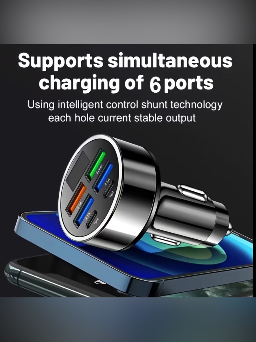 Car USB Charger with Fast Charging 6-Port Black Digital Display Multiple Devices